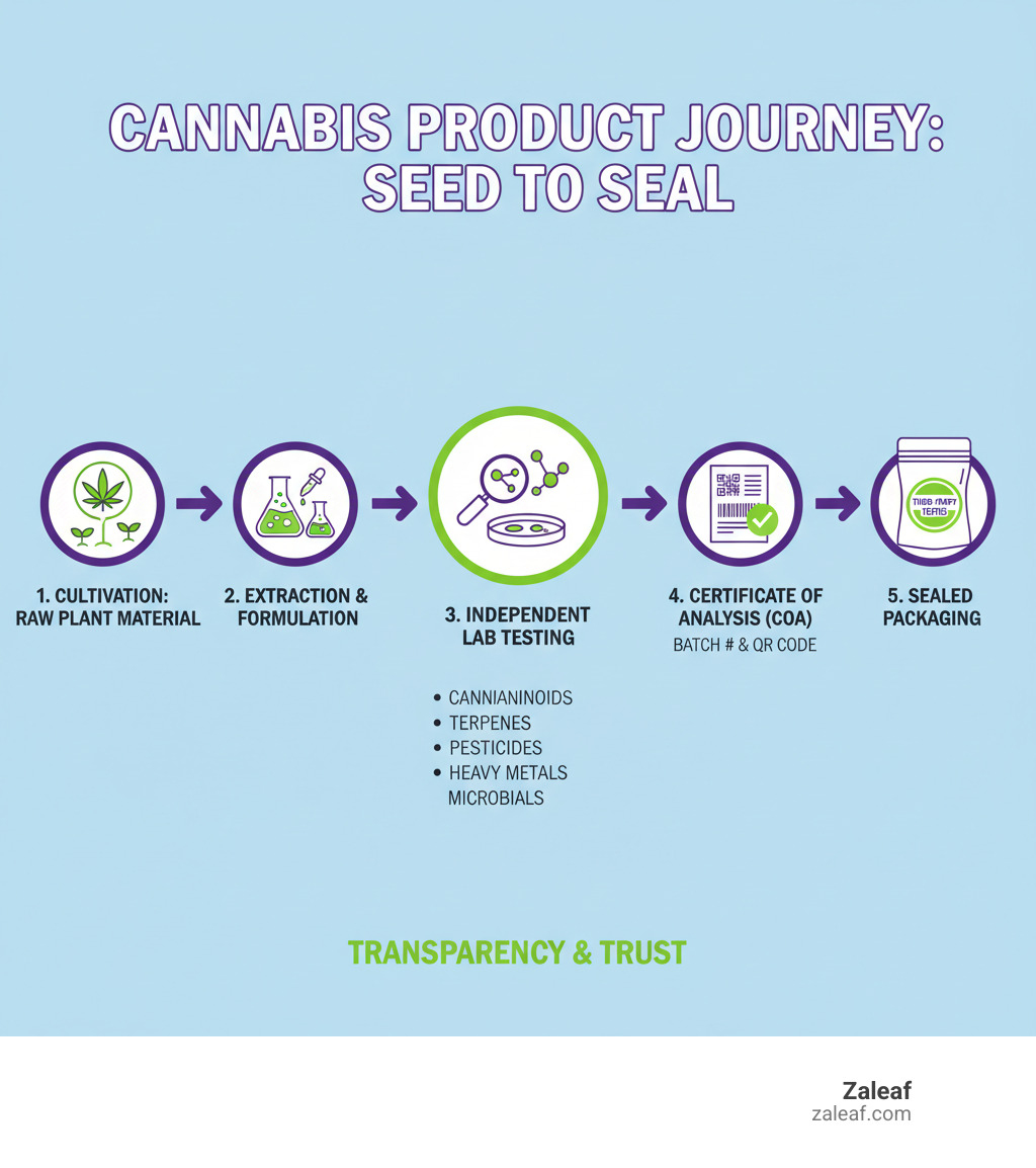 Infographic showing the cannabis product journey: starting with raw plant material at cultivation, moving through extraction and formulation stages, then to independent ISO-accredited laboratory testing for cannabinoids, terpenes, pesticides, heavy metals, and microbials, followed by Certificate of Analysis generation with batch numbers and QR codes, and finally ending with sealed packaging displaying third-party testing verification - third party tested cannabis infographic 