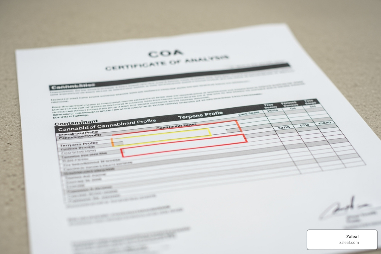 Certificate of Analysis sample with highlighted sections for cannabinoid profile, terpene profile, and contaminant results - third party tested cannabis
