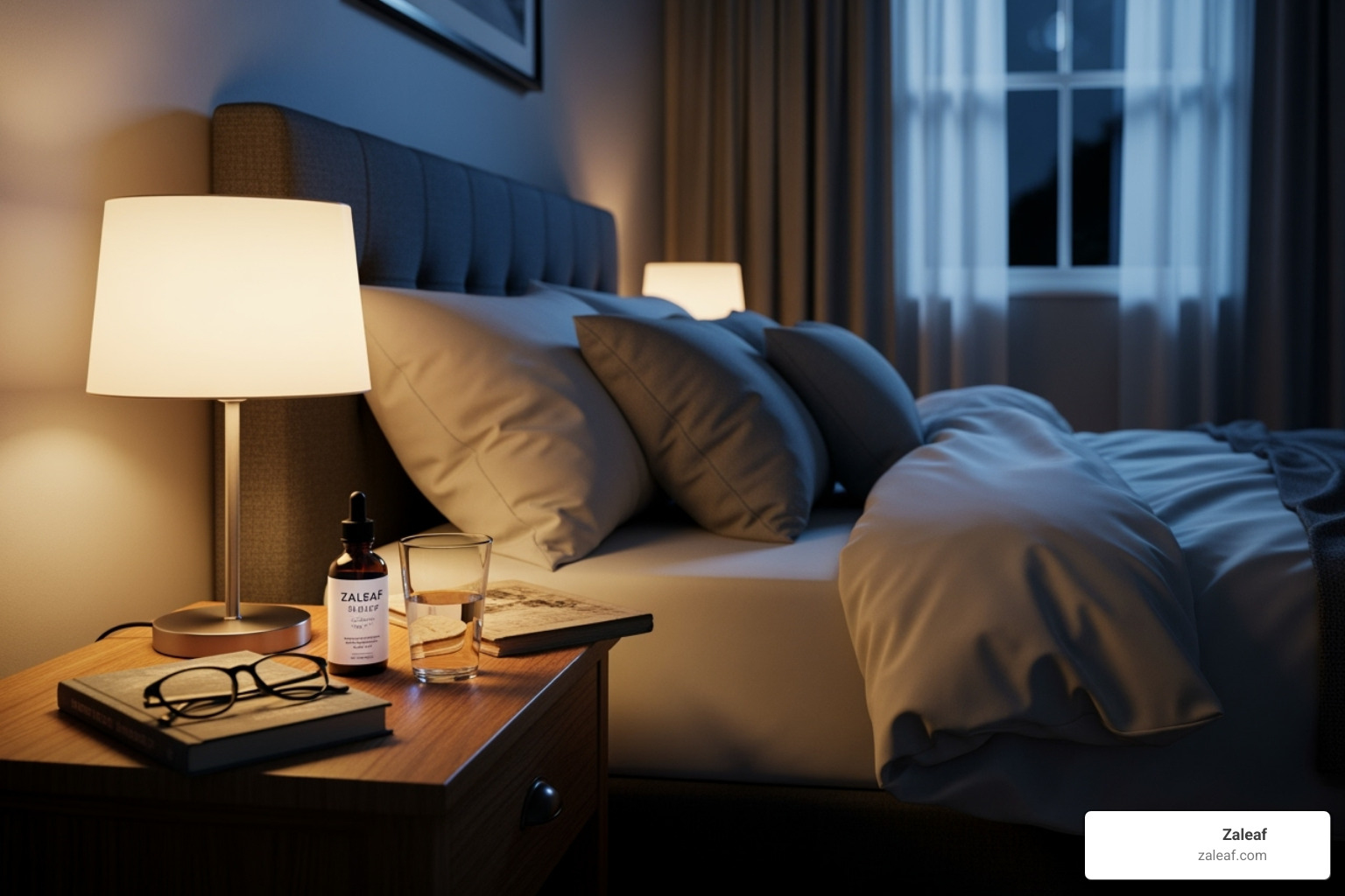 peaceful, dimly lit bedroom with a Zaleaf sleep product on the nightstand - third party tested cannabis