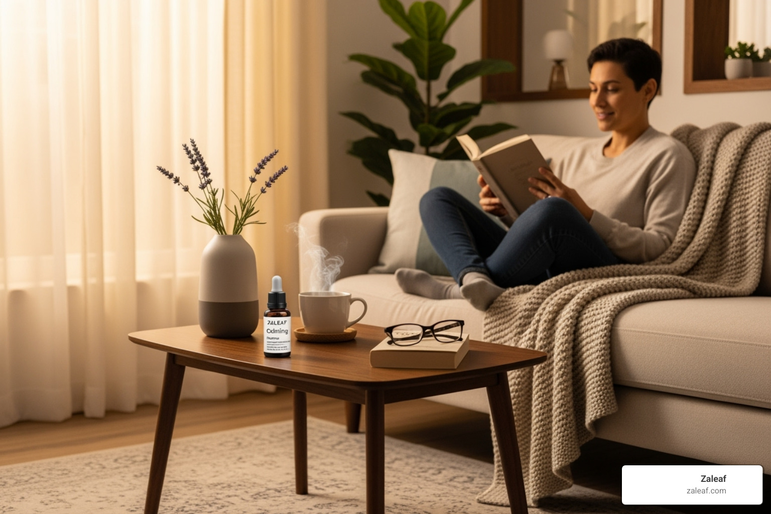 serene, cozy living room with a person relaxing on a couch and a Zaleaf calming product on the coffee table - third party tested cannabis