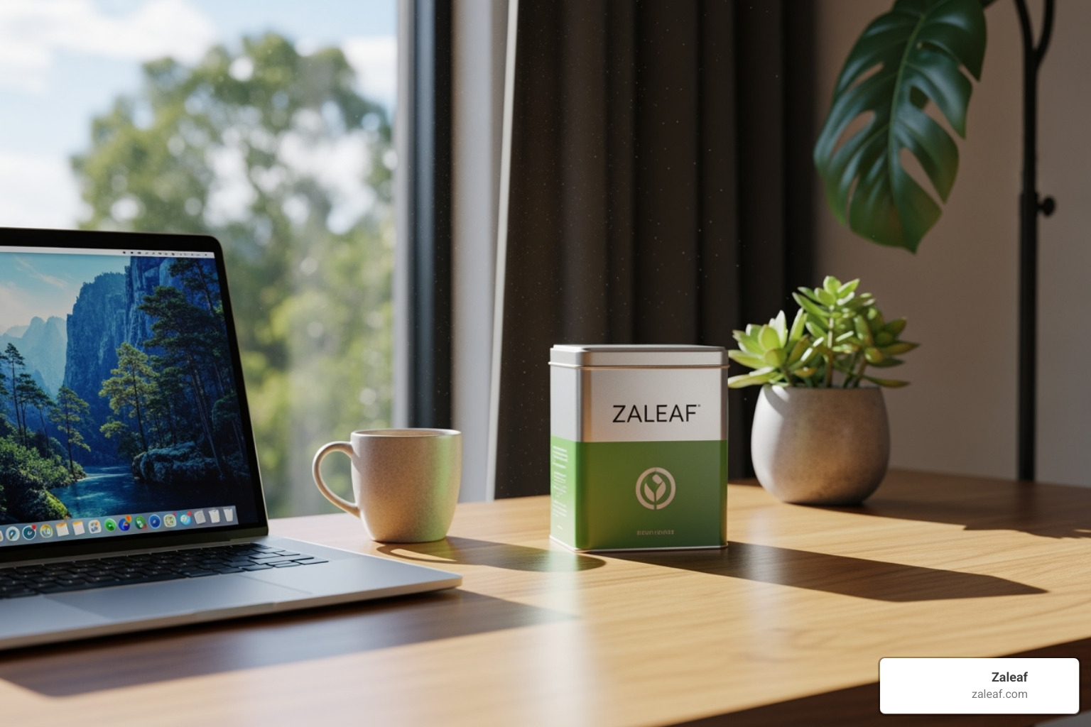 vibrant, sunlit workspace with a Zaleaf energizing product on the desk - third party tested cannabis