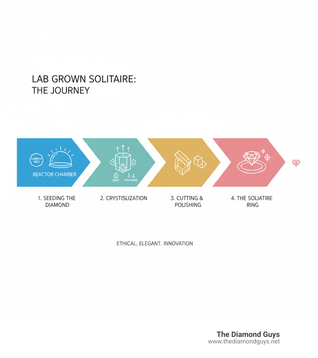 infographic showing the journey from a carbon seed being placed in a reactor chamber, through the crystallization process under heat and pressure, to the rough diamond being cut and polished, and finally set in a solitaire engagement ring - lab grown solitaire infographic 