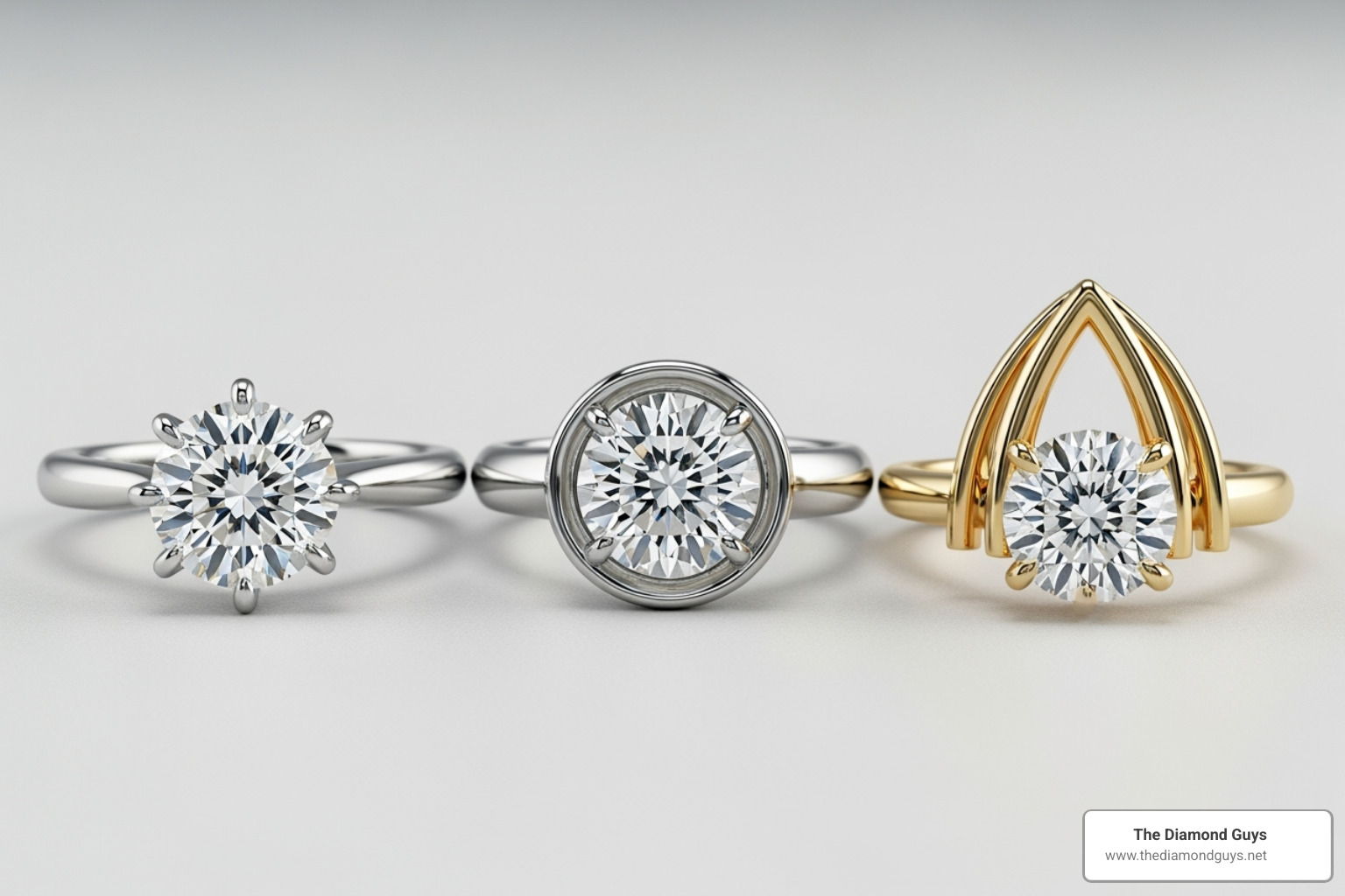 various solitaire setting styles side-by-side (prong, bezel, cathedral) - lab grown solitaire