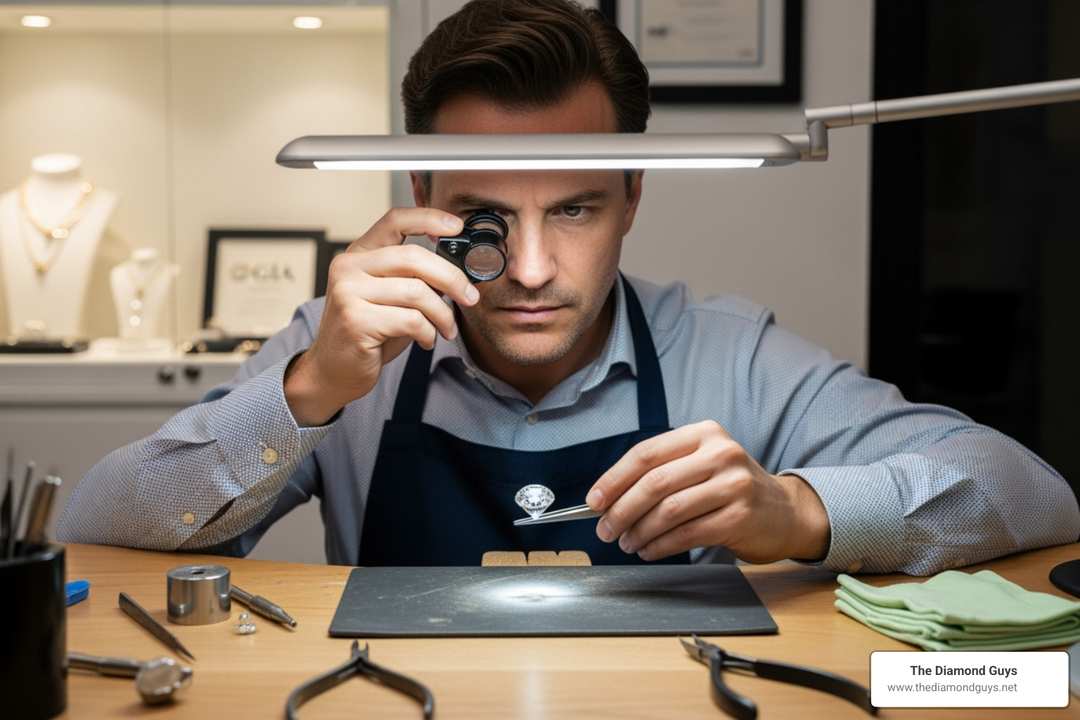 jeweler inspecting a lab-grown diamond with a loupe - lab grown solitaire
