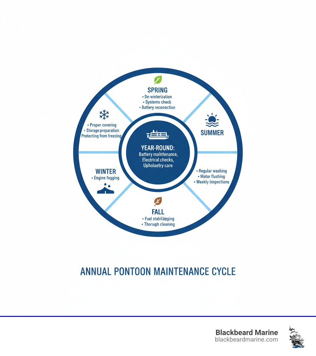 Infographic showing the annual pontoon maintenance cycle with four seasons: Spring (de-winterization, systems check, battery reconnection), Summer (regular washing, motor flushing, weekly inspections), Fall (fuel stabilization, engine fogging, thorough cleaning), and Winter (proper covering, storage preparation, protecting from freezing). Center shows "Year-Round: Battery maintenance, electrical checks, upholstery care" - Pontoon boat maintenance tips infographic Infographic showing the annual pontoon maintenance cycle with four seasons: Spring (de-winterization, systems check, battery reconnection), Summer (regular washing, motor flushing, weekly inspections), Fall (fuel stabilization, engine fogging, thorough cleaning), and Winter (proper covering, storage preparation, protecting from freezing). Center shows "Year-Round: Battery maintenance, electrical checks, upholstery care" - Pontoon boat maintenance tips infographic