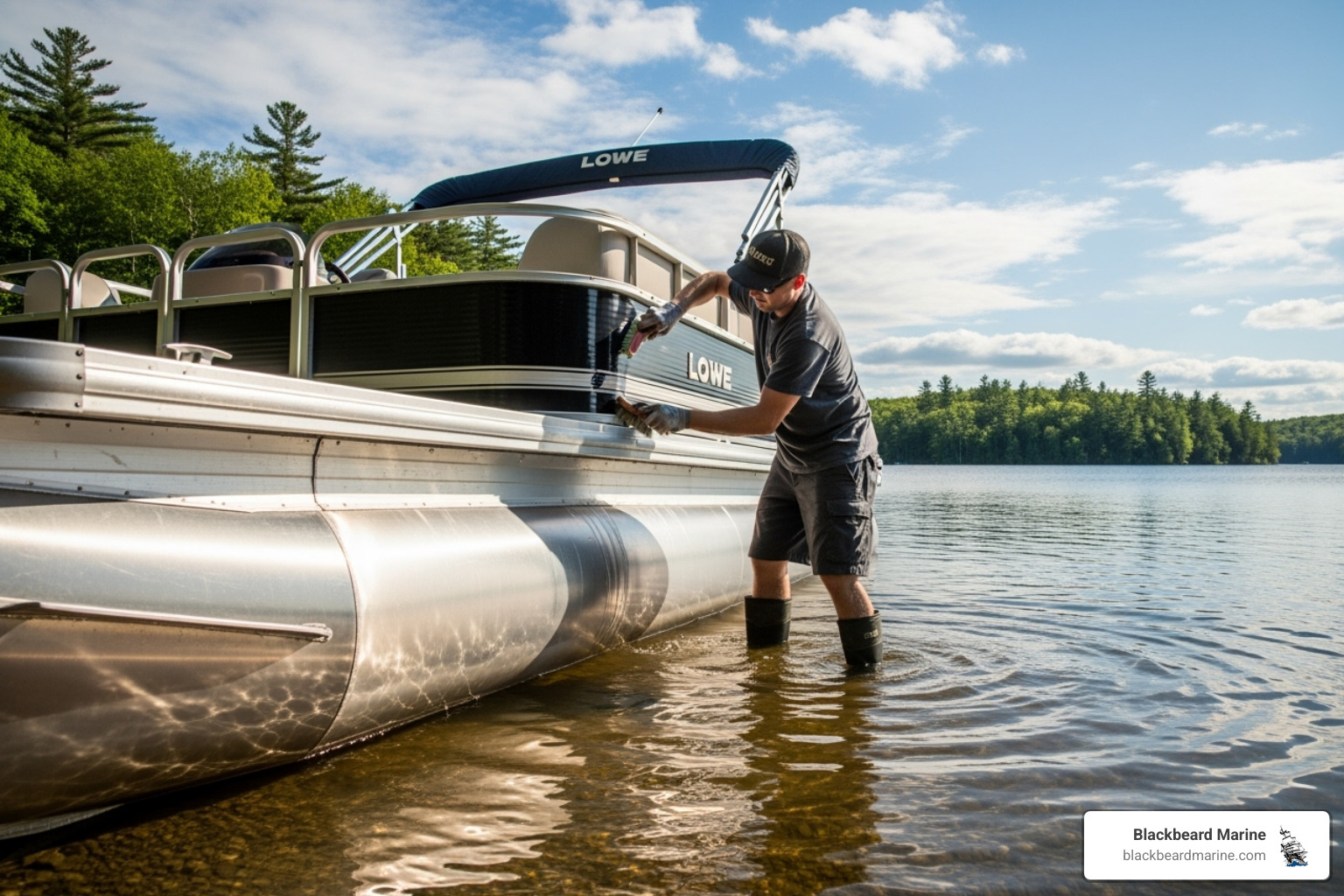 person cleaning aluminum tubes of a Lowe pontoon boat - Pontoon boat maintenance tips person cleaning aluminum tubes of a Lowe pontoon boat - Pontoon boat maintenance tips