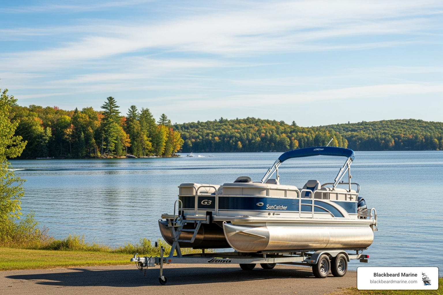 pontoon boat on its trailer ready for transport - Pontoon boat maintenance tips pontoon boat on its trailer ready for transport - Pontoon boat maintenance tips