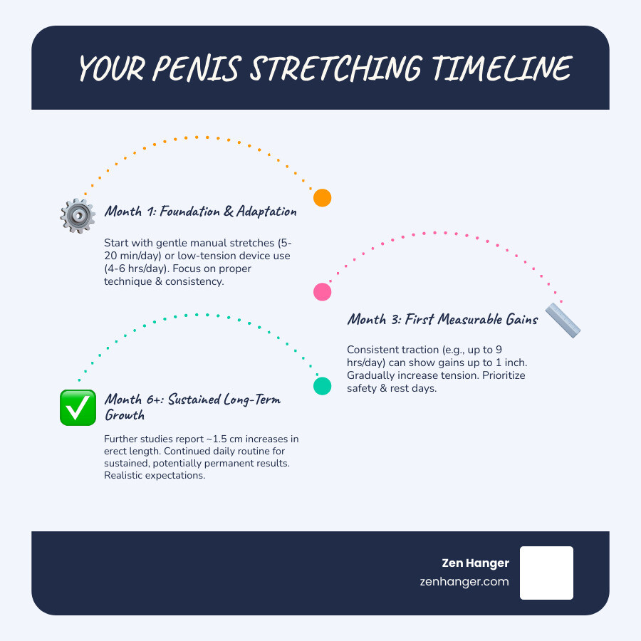 Infographic showing the timeline and expected results from a structured penis stretching routine over 3-6 months, including daily duration recommendations, typical length gains by month, and key safety checkpoints - penis stretching routine infographic infographic-line-3-steps-blues-accent_colors