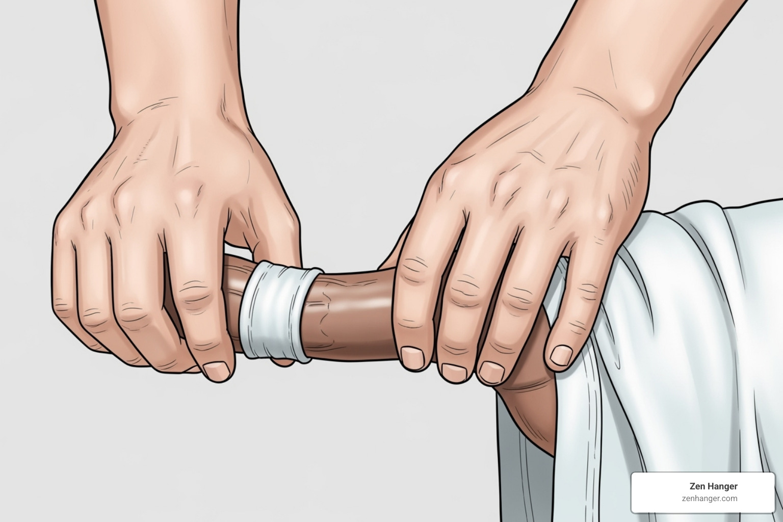 Illustration of a man performing a basic manual penis stretch - penis stretching routine
