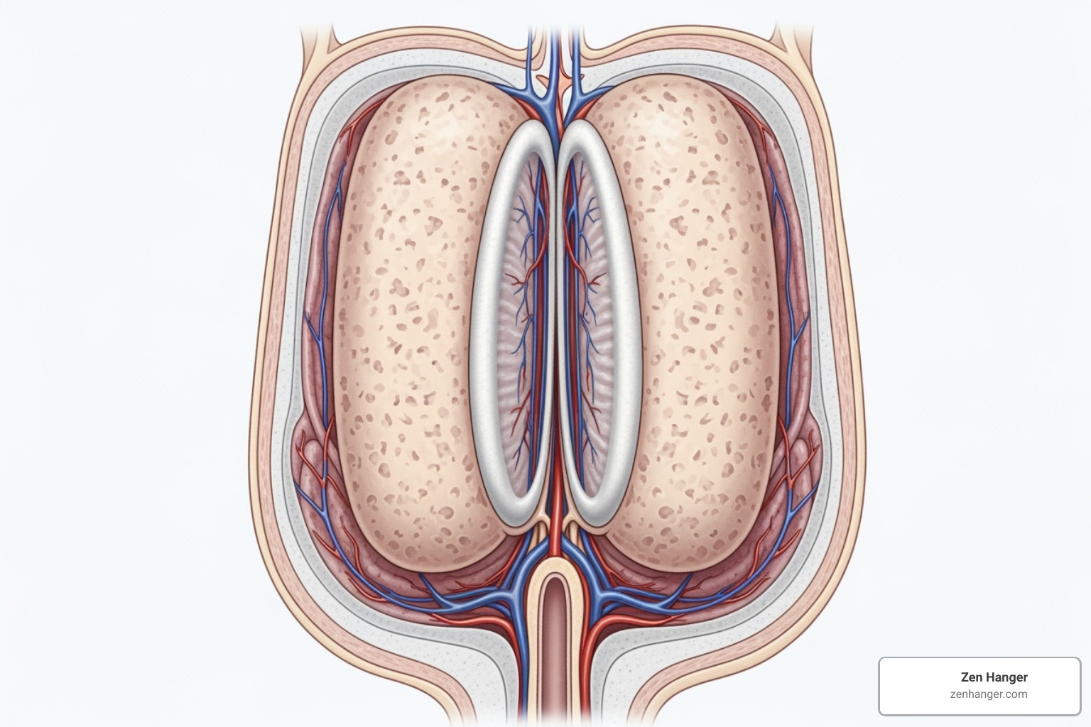 Internal anatomy of the penis, highlighting corpus cavernosum and tunica albuginea - penis stretching routine