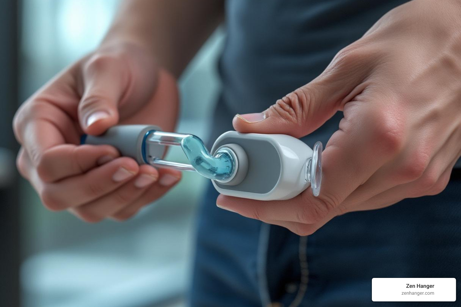 Image of a modern penile traction device being worn - penis stretching routine