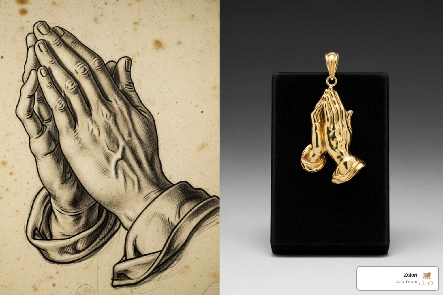 of Albrecht Dürer's "Praying Hands" drawing next to a classic pendant - praying hands gold pendant of Albrecht Dürer's "Praying Hands" drawing next to a classic pendant - praying hands gold pendant