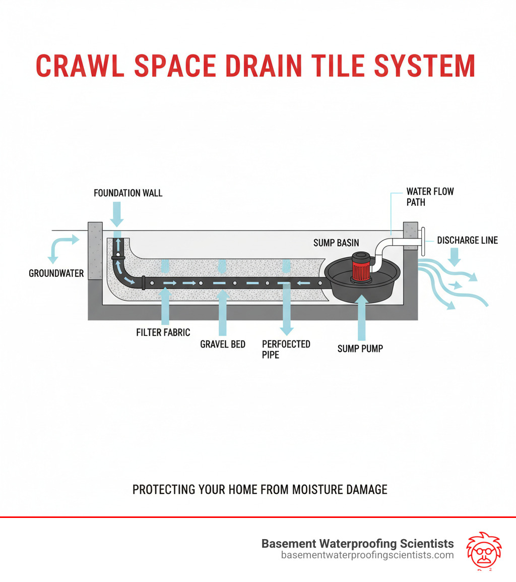 infographic showing cross-section of a crawl space with drain tile system including perforated pipe in gravel bed, filter fabric, sump pump in basin, and discharge line directing water away from foundation with arrows showing water flow path - crawl space drain tile installation infographic 