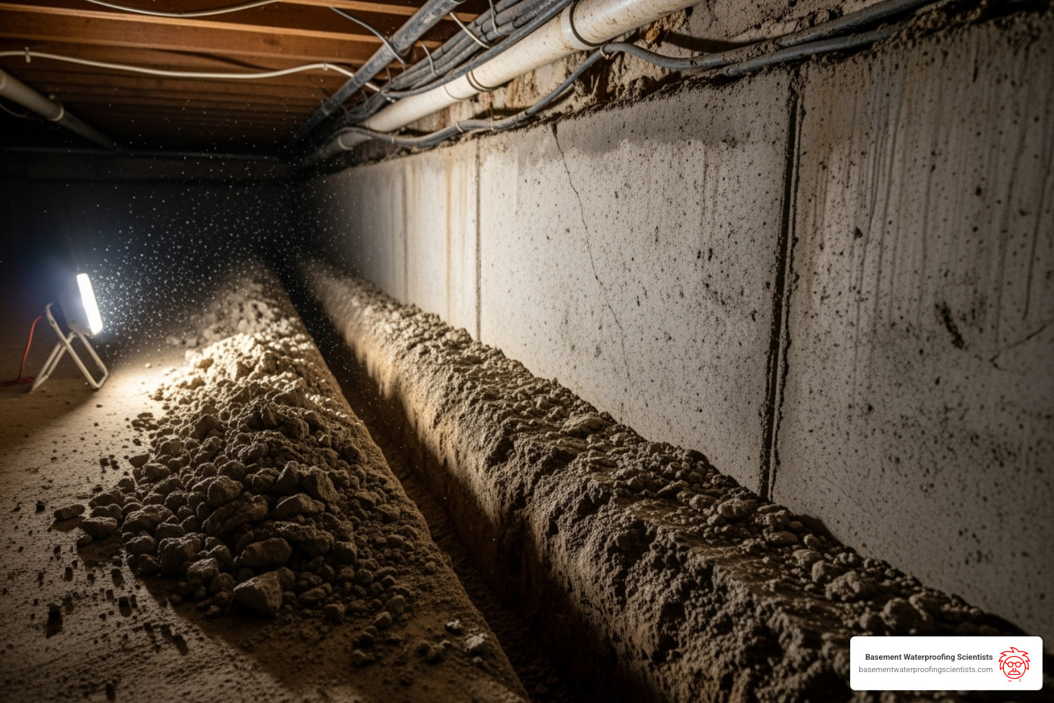 Trench being dug along the interior perimeter of a crawl space - crawl space drain tile installation