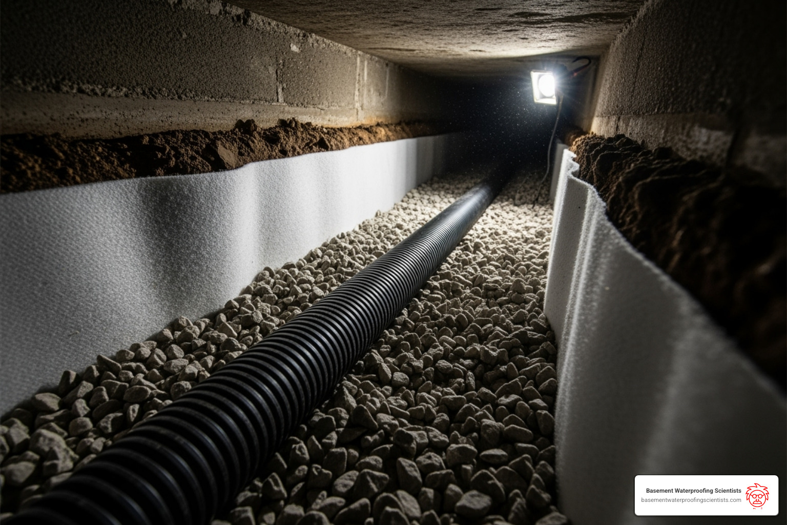 Perforated pipe being laid in a gravel-filled trench - crawl space drain tile installation