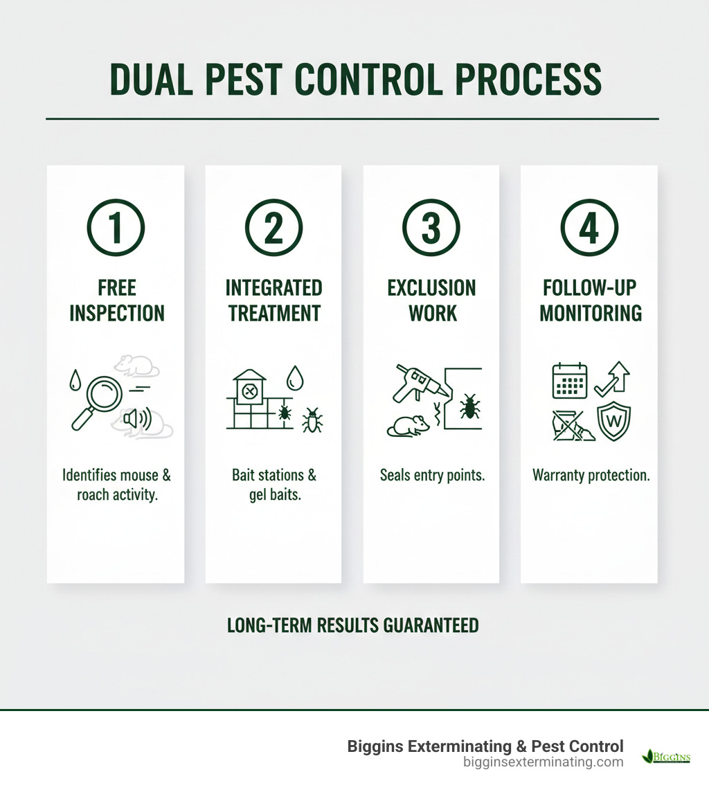 Infographic showing the dual pest control process: 1. Free Inspection identifies both mouse and roach activity through droppings, smears, and sounds; 2. Integrated Treatment uses bait stations for mice and gel baits for roaches placed strategically; 3. Exclusion Work seals entry points and removes attractants; 4. Follow-Up Monitoring with warranty protection ensures long-term results - exterminator for mice and roaches infographic 