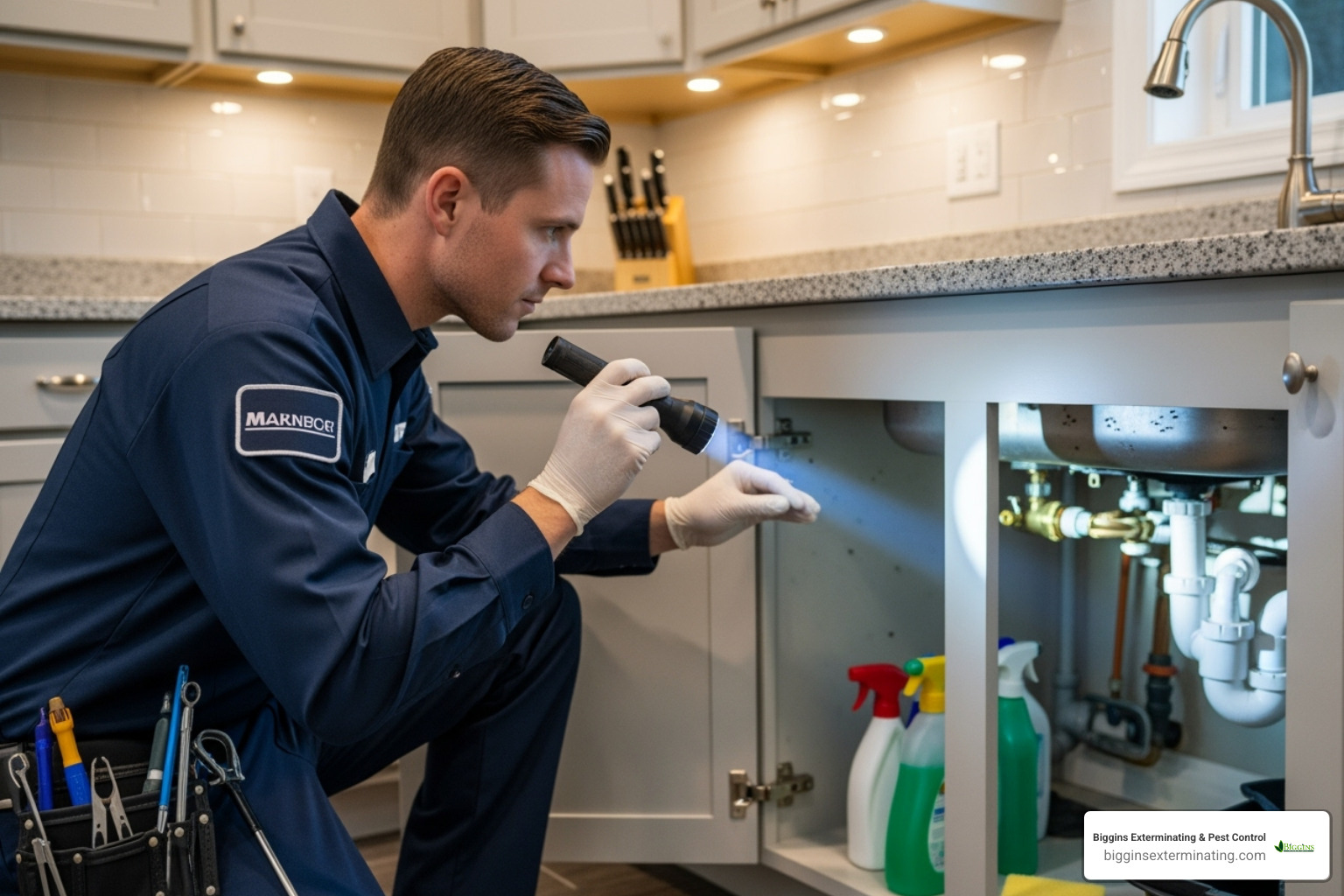 A uniformed technician inspecting under a kitchen sink with a flashlight - exterminator for mice and roaches