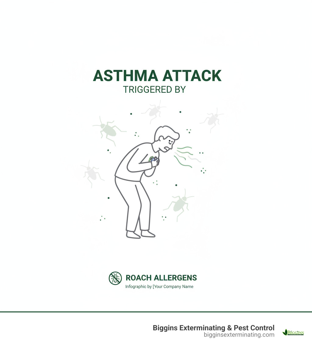Infographic showing a person having an asthma attack, with faint images of roach allergens in the air - exterminator for mice and roaches infographic 