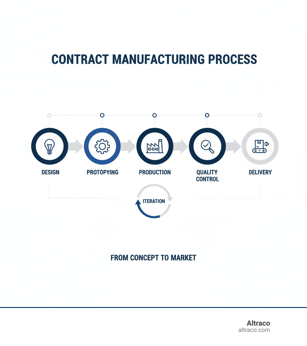 Infographic detailing the contract manufacturing process from design to delivery - contract manufacturing services infographic 