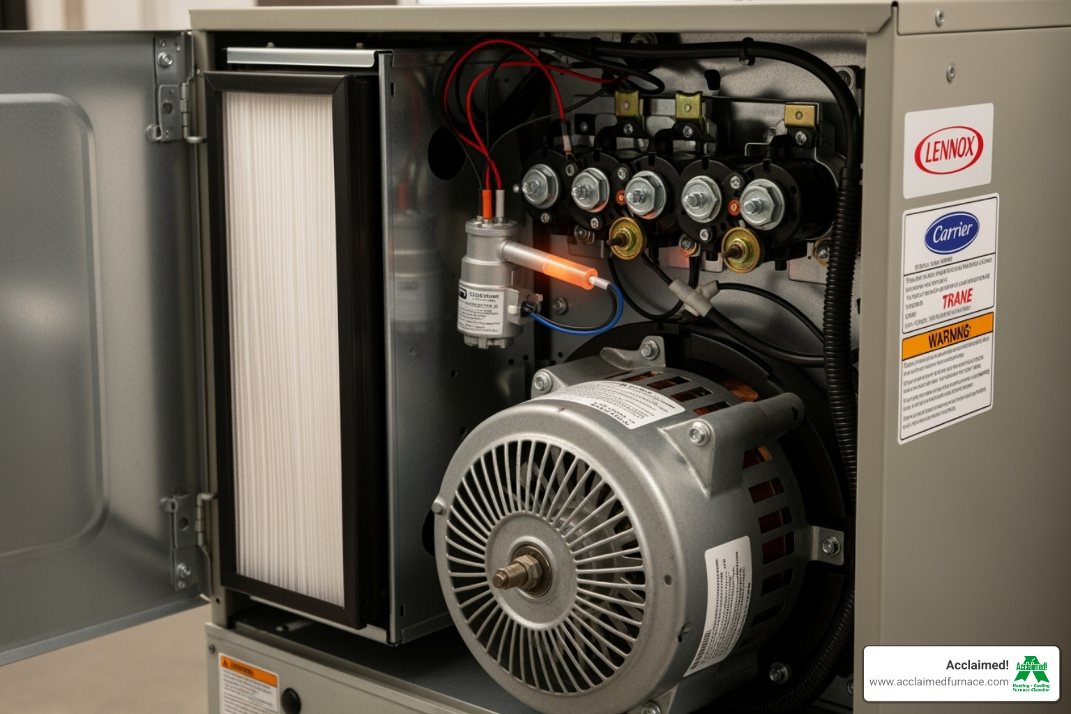 Furnace with key components like the ignitor, blower motor, and filter highlighted - Who are the best HVAC companies in Edmonton for furnace repair?"