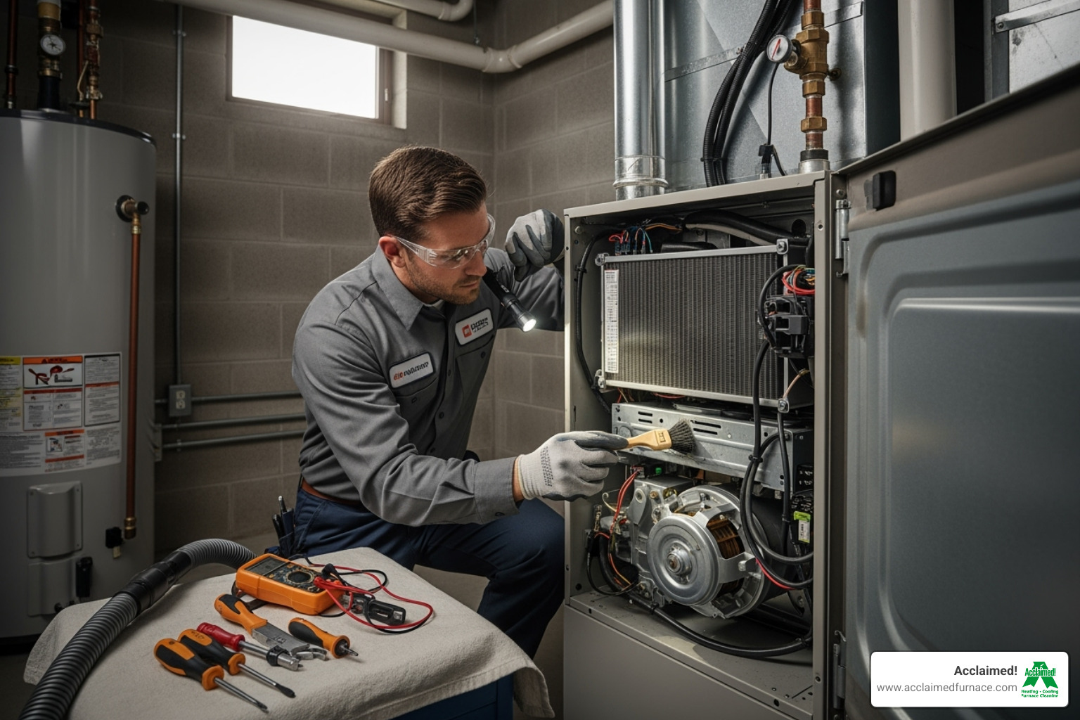 Technician performing a detailed furnace tune-up - Who are the best HVAC companies in Edmonton for furnace repair?"