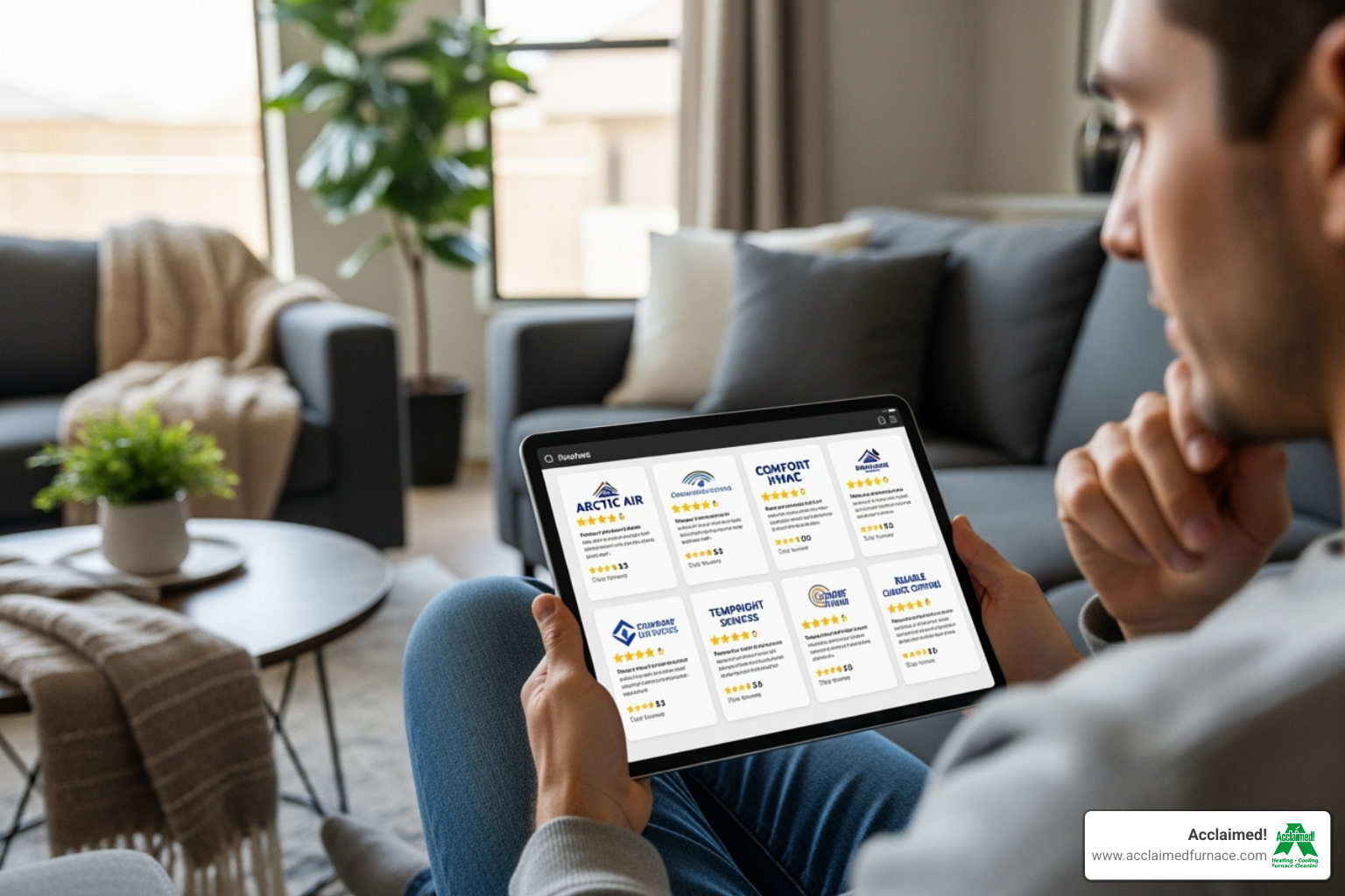 Homeowner comparing HVAC company reviews on a tablet - Who are the best HVAC companies in Edmonton for furnace repair?"