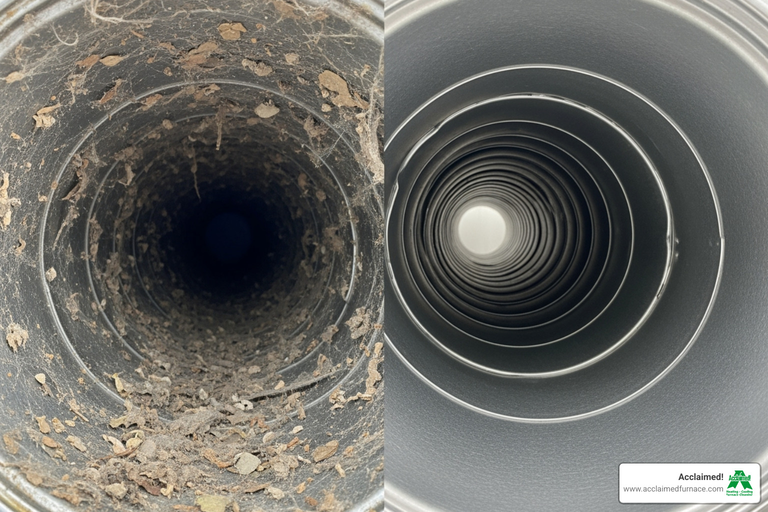 side-by-side comparison of dirty and clean air ducts - "I need to find a reliable furnace cleaning service in Edmonton."