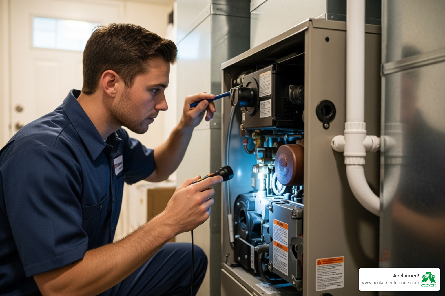 professional technician inspecting a furnace system - "I need to find a reliable furnace cleaning service in Edmonton."