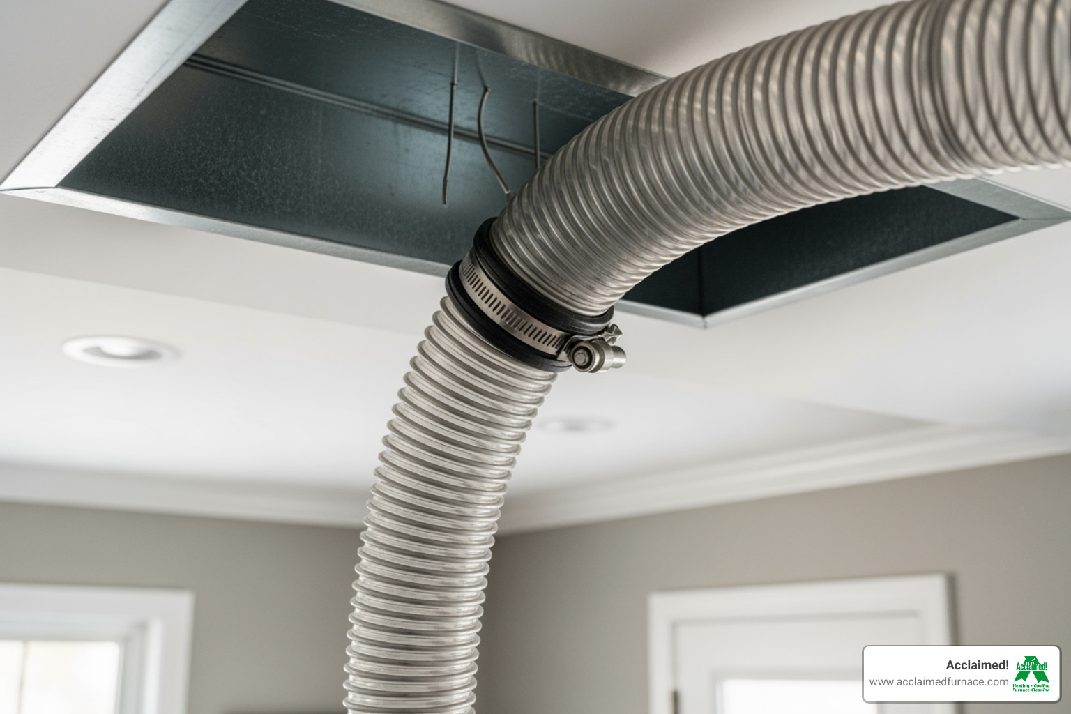 high-powered vacuum hose connected to home ductwork - "I need to find a reliable furnace cleaning service in Edmonton."