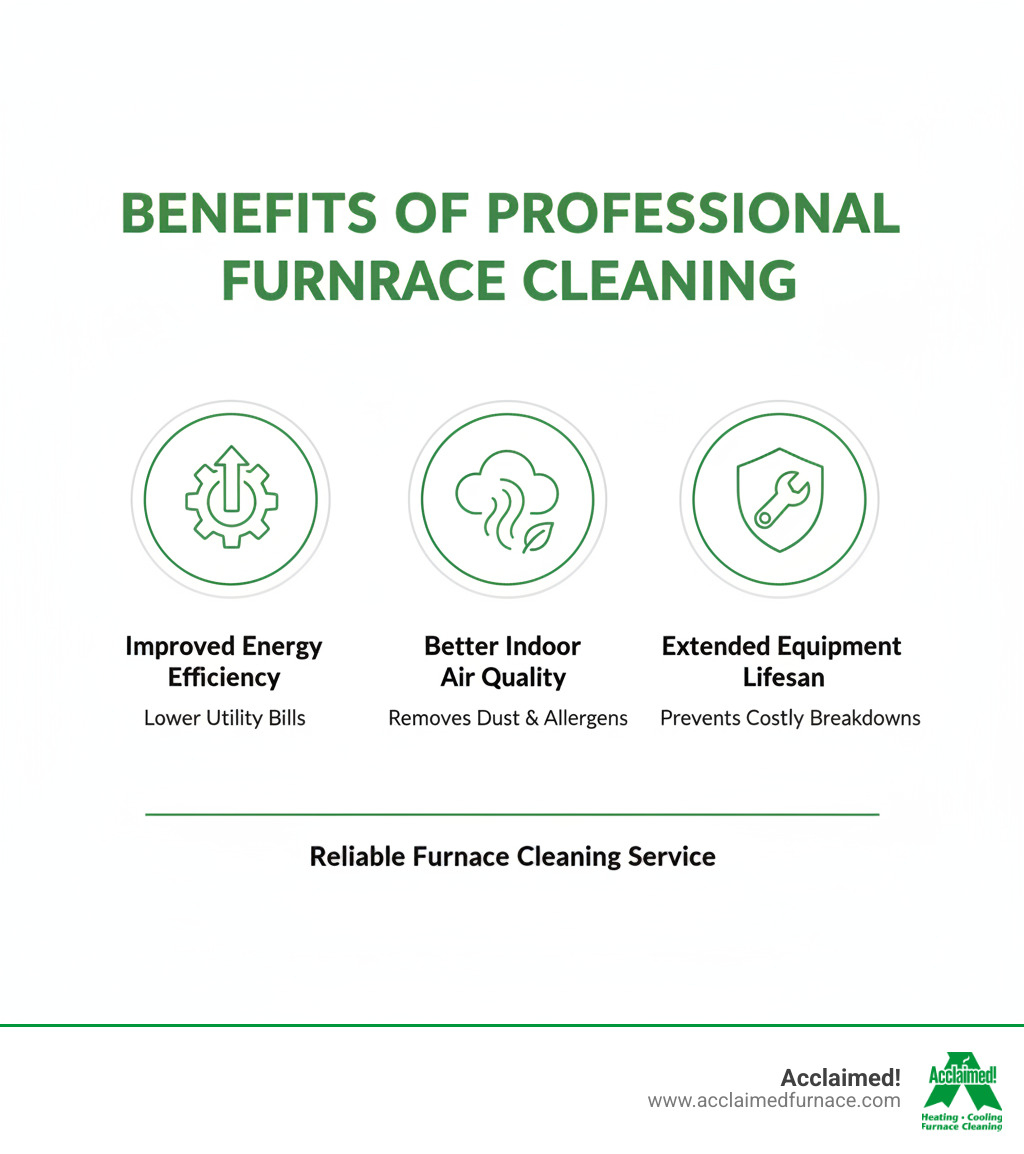 infographic showing three main benefits of professional furnace cleaning: improved energy efficiency with lower utility bills, better indoor air quality removing dust allergens and contaminants, and extended equipment lifespan preventing costly breakdowns - "I need to find a reliable furnace cleaning service in Edmonton." infographic 