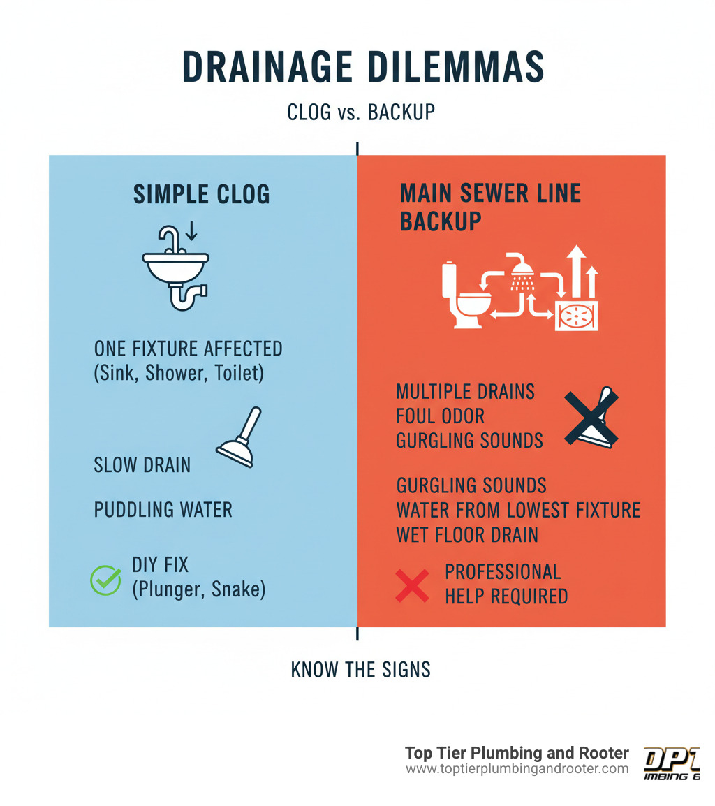 infographic showing the difference between a simple drain clog affecting one fixture versus a main sewer line backup affecting multiple drains, including warning signs like gurgling sounds, foul odors, multiple slow drains, water backing up from lowest fixtures, and wet floor drains, with a clear visual distinction between minor clogs treatable with DIY methods and major backups requiring professional help - Backed up drain infographic  infographic showing the difference between a simple drain clog affecting one fixture versus a main sewer line backup affecting multiple drains, including warning signs like gurgling sounds, foul odors, multiple slow drains, water backing up from lowest fixtures, and wet floor drains, with a clear visual distinction between minor clogs treatable with DIY methods and major backups requiring professional help - Backed up drain infographic