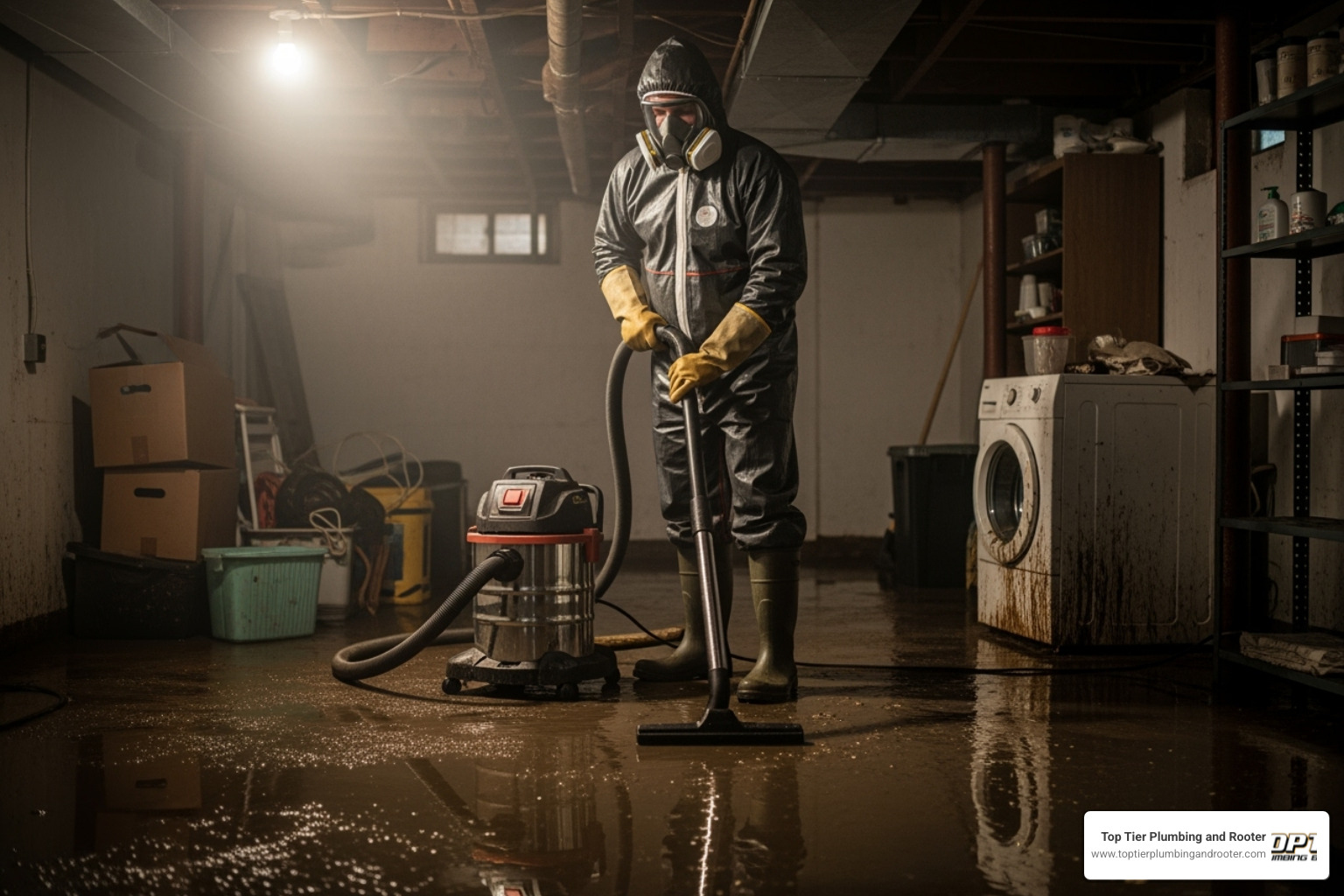 person wearing protective gear cleaning up sewage - Backed up drain person wearing protective gear cleaning up sewage - Backed up drain