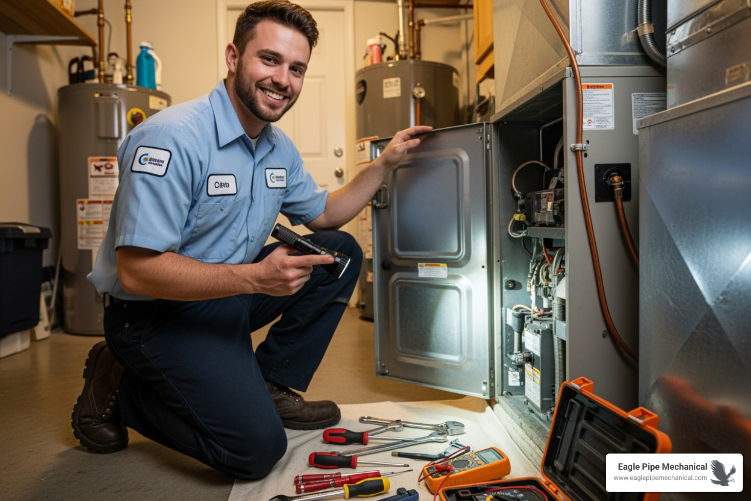 friendly technician performing furnace inspection - furnace service bainbridge island wa friendly technician performing furnace inspection - furnace service bainbridge island wa