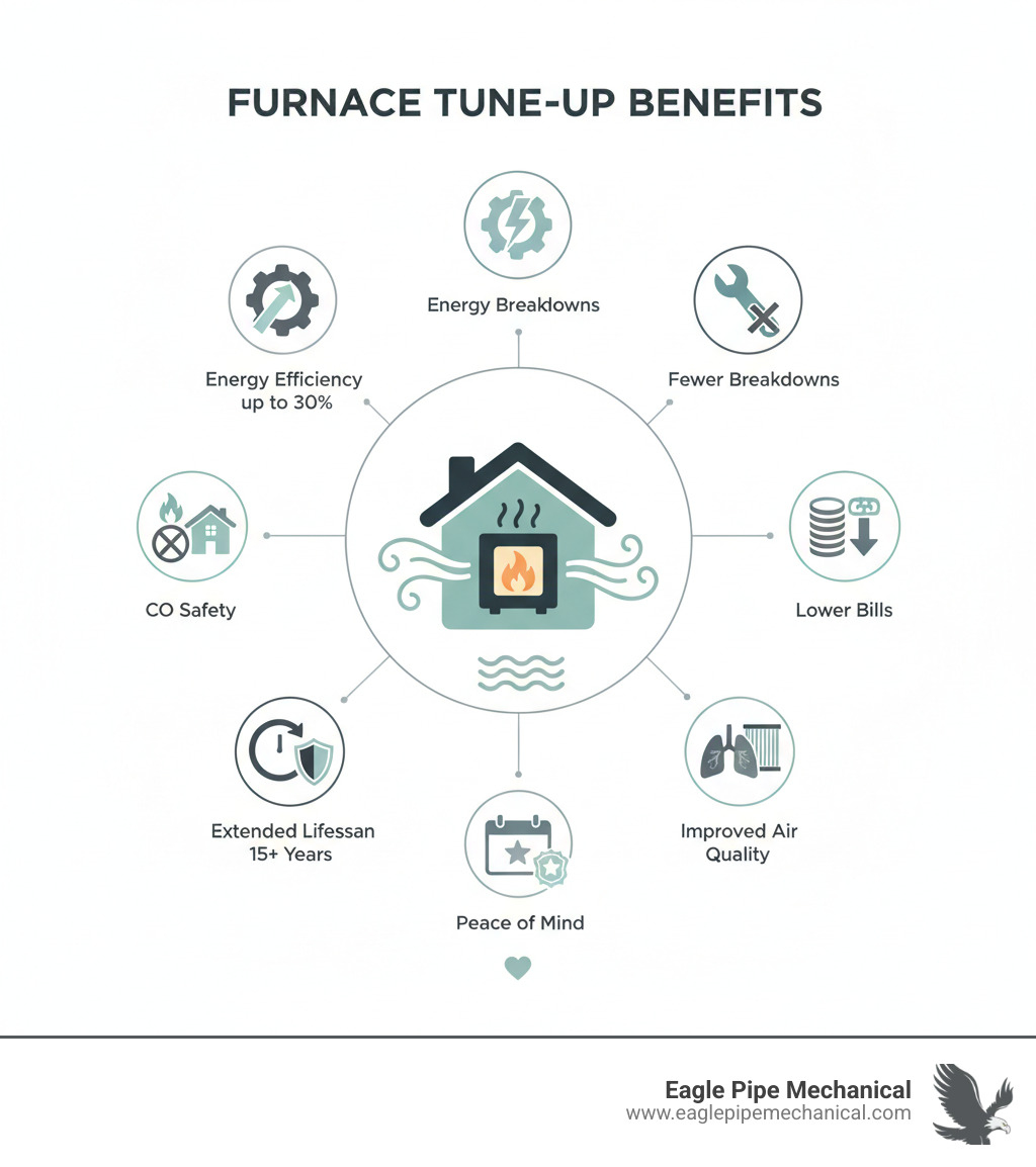 Infographic showing the key benefits of annual furnace maintenance including improved energy efficiency up to 30%, extended equipment lifespan beyond 15 years, fewer emergency breakdowns, enhanced indoor air quality through clean filters, carbon monoxide safety checks, lower monthly utility bills, priority service for maintenance plan members, and peace of mind throughout winter - furnace service bainbridge island wa infographic  Infographic showing the key benefits of annual furnace maintenance including improved energy efficiency up to 30%, extended equipment lifespan beyond 15 years, fewer emergency breakdowns, enhanced indoor air quality through clean filters, carbon monoxide safety checks, lower monthly utility bills, priority service for maintenance plan members, and peace of mind throughout winter - furnace service bainbridge island wa infographic