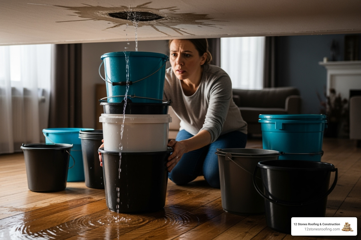 A homeowner placing buckets under a ceiling leak to protect the floor. - emergency roofing services A homeowner placing buckets under a ceiling leak to protect the floor. - emergency roofing services