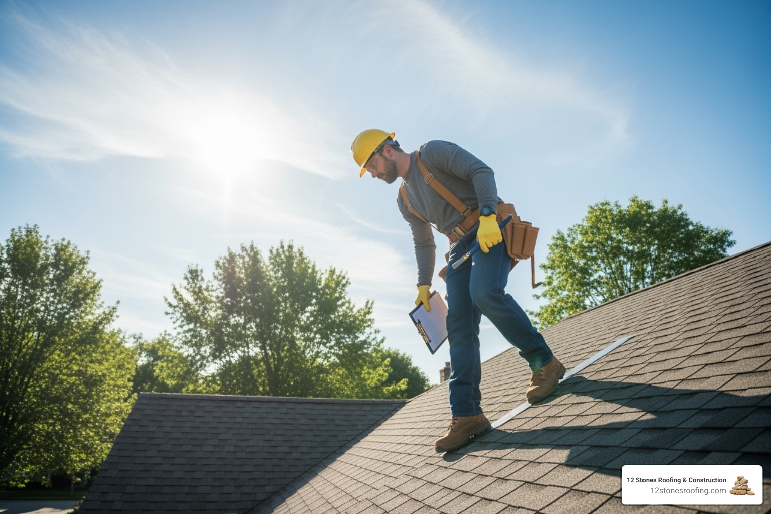 A roofer performing a routine roof inspection on a sunny day. - emergency roofing services A roofer performing a routine roof inspection on a sunny day. - emergency roofing services