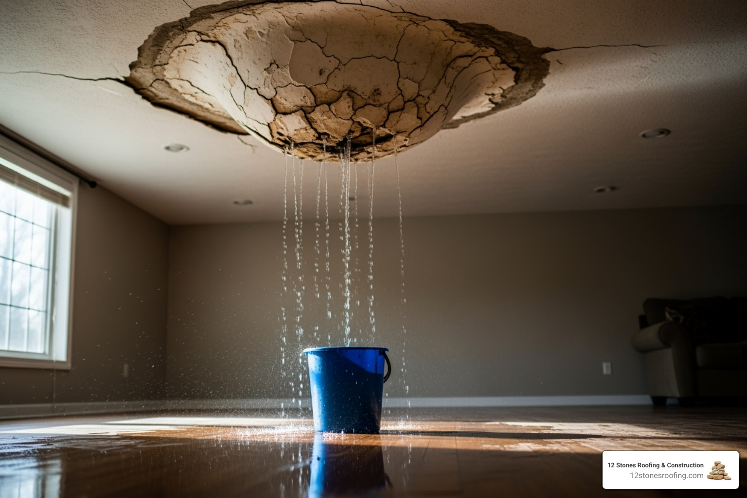 A severe roof leak causing a ceiling to bulge and drip water. - emergency roofing services A severe roof leak causing a ceiling to bulge and drip water. - emergency roofing services
