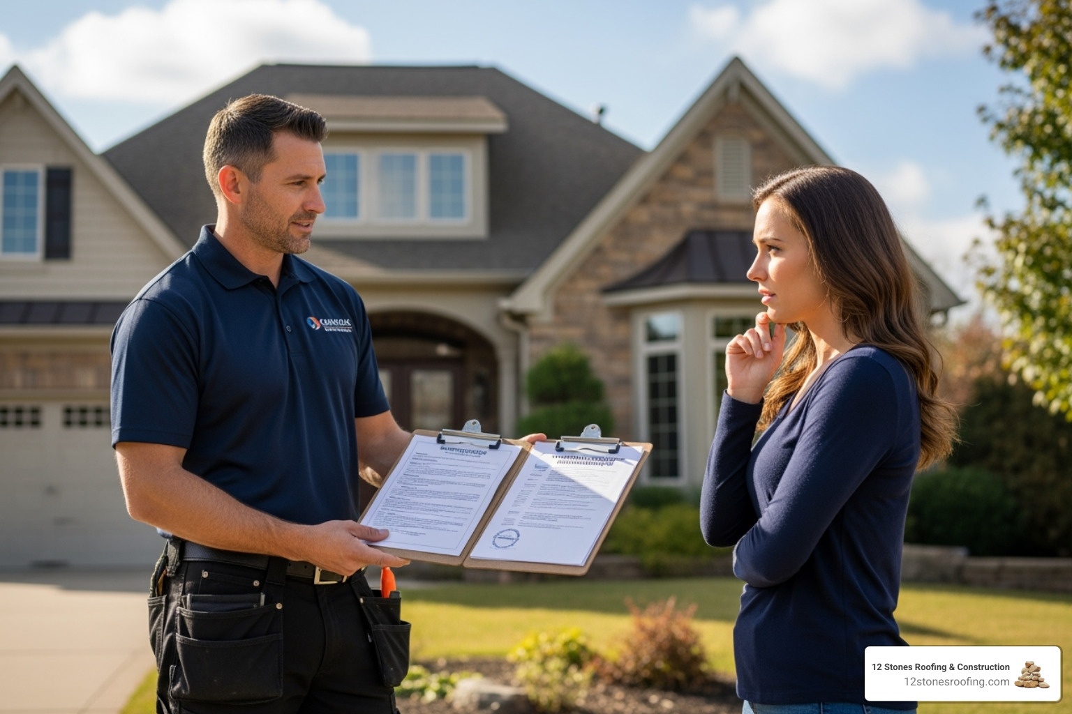 A professional roofer showing their license and insurance documents to a homeowner. - emergency roofing services A professional roofer showing their license and insurance documents to a homeowner. - emergency roofing services