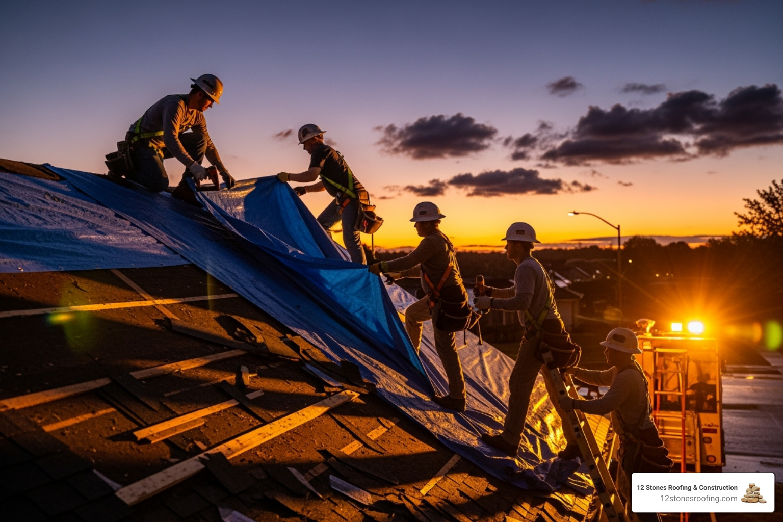 A roofing crew applying an emergency tarp to a damaged roof at dusk. - emergency roofing services A roofing crew applying an emergency tarp to a damaged roof at dusk. - emergency roofing services