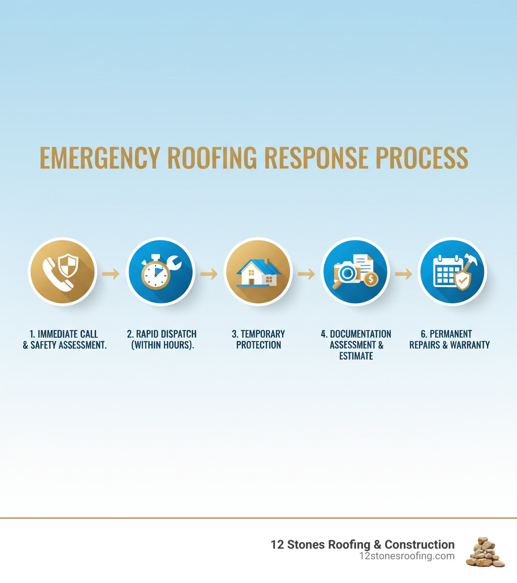 Infographic showing the emergency roofing response process: 1. Immediate call and safety assessment, 2. Rapid dispatch of certified crew within hours, 3. Temporary protection with tarps or emergency patches, 4. Documentation for insurance claims, 5. Damage assessment and repair estimate, 6. Scheduling of permanent repairs with matching materials and full warranty - emergency roofing services infographic  Infographic showing the emergency roofing response process: 1. Immediate call and safety assessment, 2. Rapid dispatch of certified crew within hours, 3. Temporary protection with tarps or emergency patches, 4. Documentation for insurance claims, 5. Damage assessment and repair estimate, 6. Scheduling of permanent repairs with matching materials and full warranty - emergency roofing services infographic