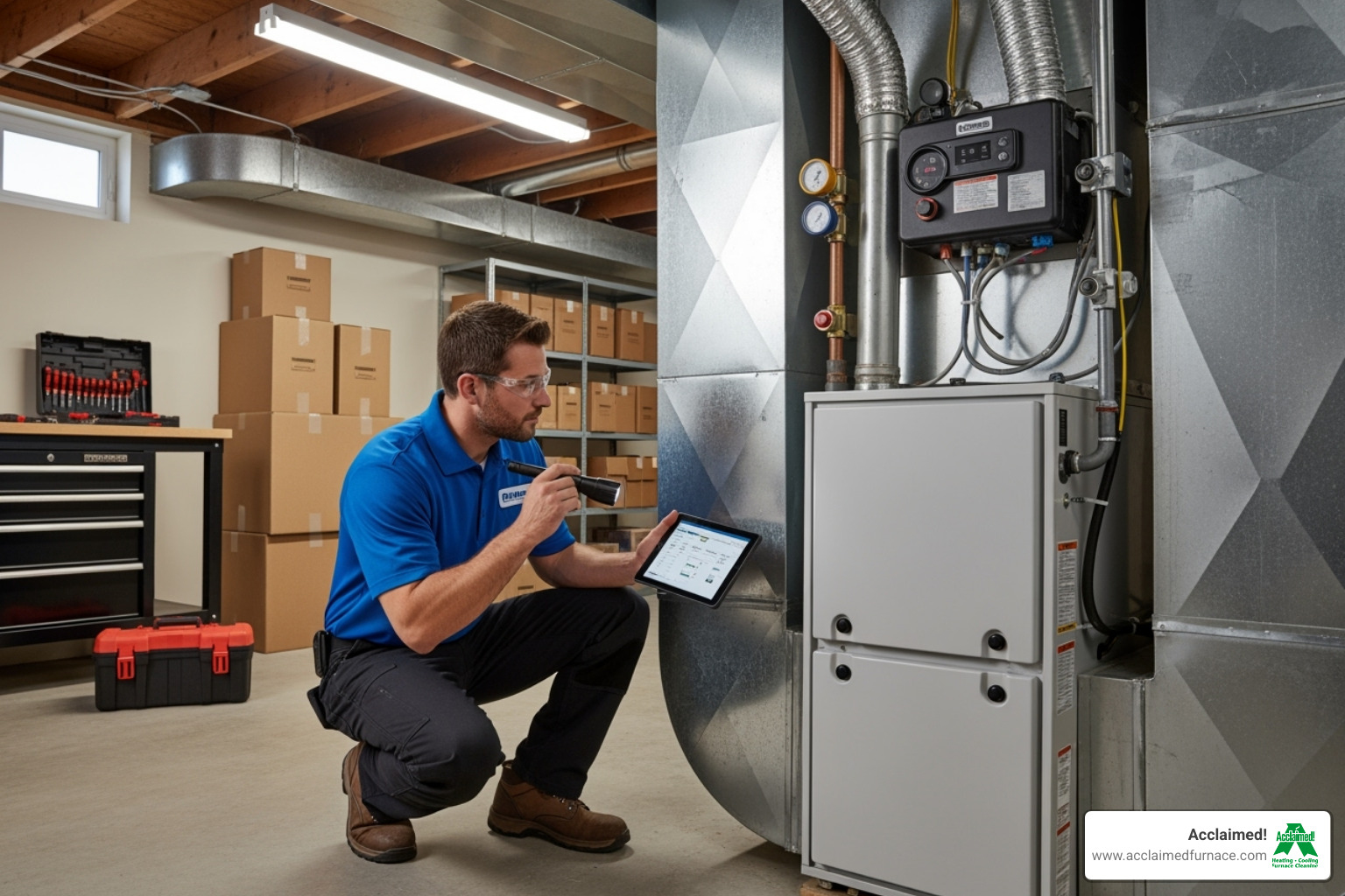 technician inspecting a clean, modern furnace - preventive hvac maintenance edmonton ab