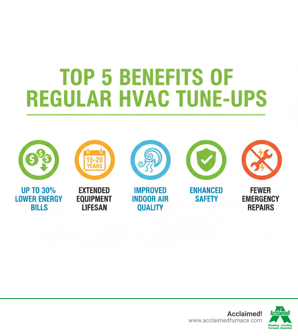infographic showing the top 5 benefits of regular HVAC tune-ups: 1. Up to 30% lower energy bills with dollar signs and a downward arrow 2. Extended equipment lifespan with a calendar showing 15-20 years 3. Improved indoor air quality with clean air particles 4. Enhanced safety with a shield and checkmark symbol 5. Fewer emergency repairs with a crossed-out emergency icon - preventive hvac maintenance edmonton ab infographic 