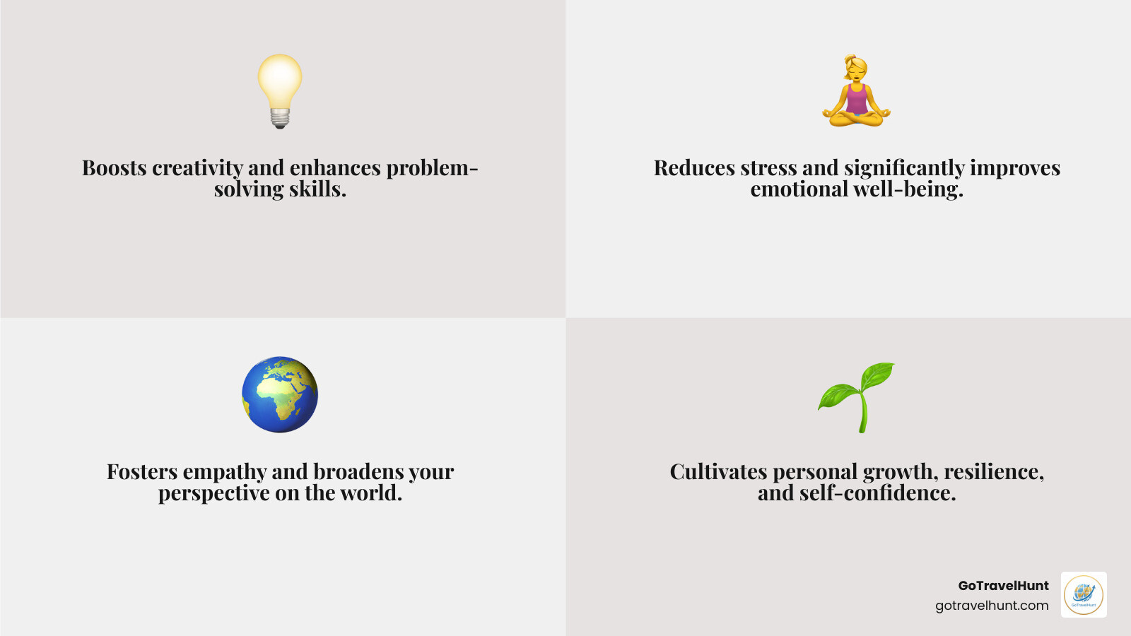 infographic showing the benefits of inspirational travel including increased creativity, reduced stress, broader perspective, enhanced empathy, and greater self-confidence with icons representing each benefit - inspirational travel infographic 4_facts_emoji_grey infographic showing the benefits of inspirational travel including increased creativity, reduced stress, broader perspective, enhanced empathy, and greater self-confidence with icons representing each benefit - inspirational travel infographic 4_facts_emoji_grey