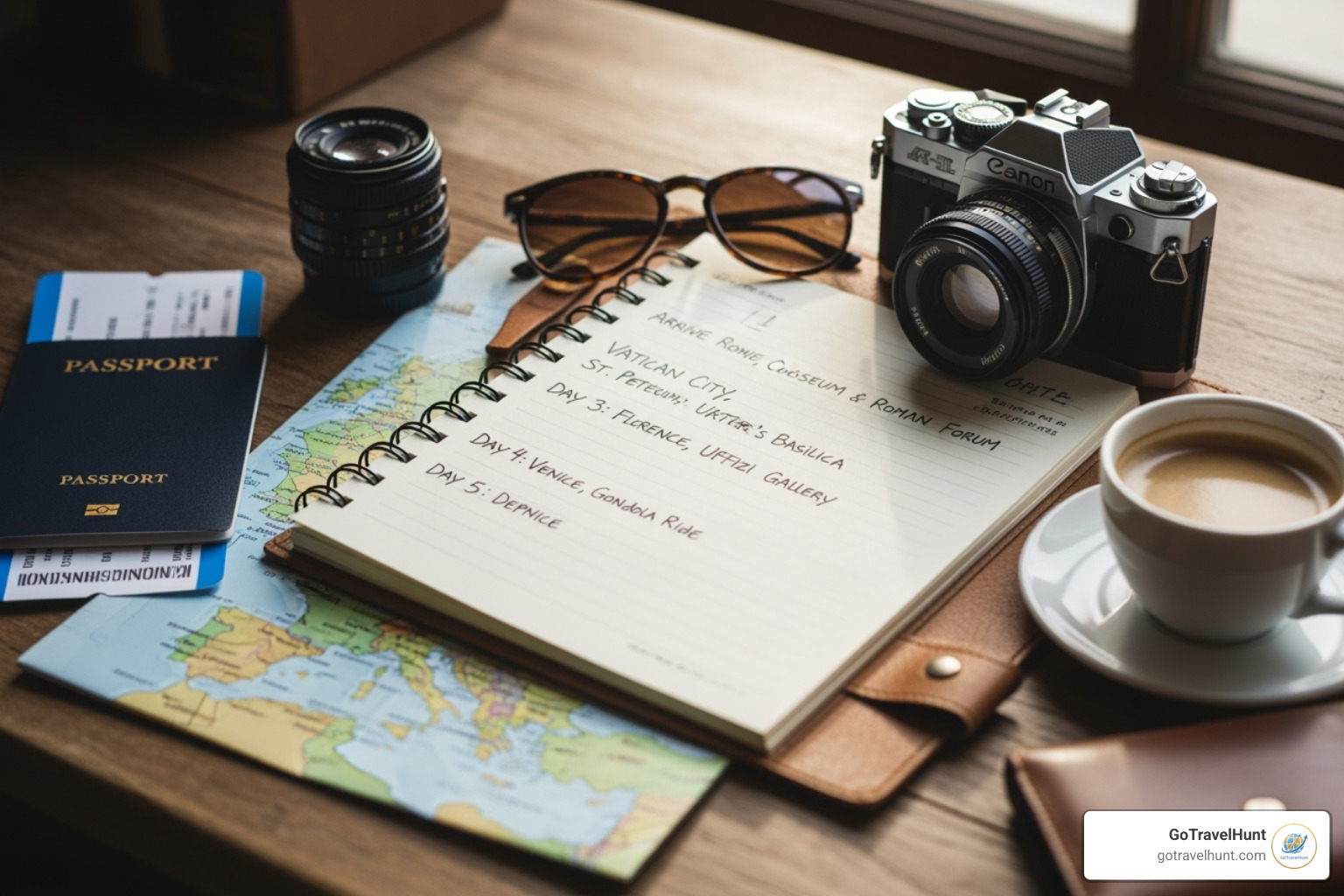 notepad with a travel itinerary next to a camera - inspirational travel notepad with a travel itinerary next to a camera - inspirational travel