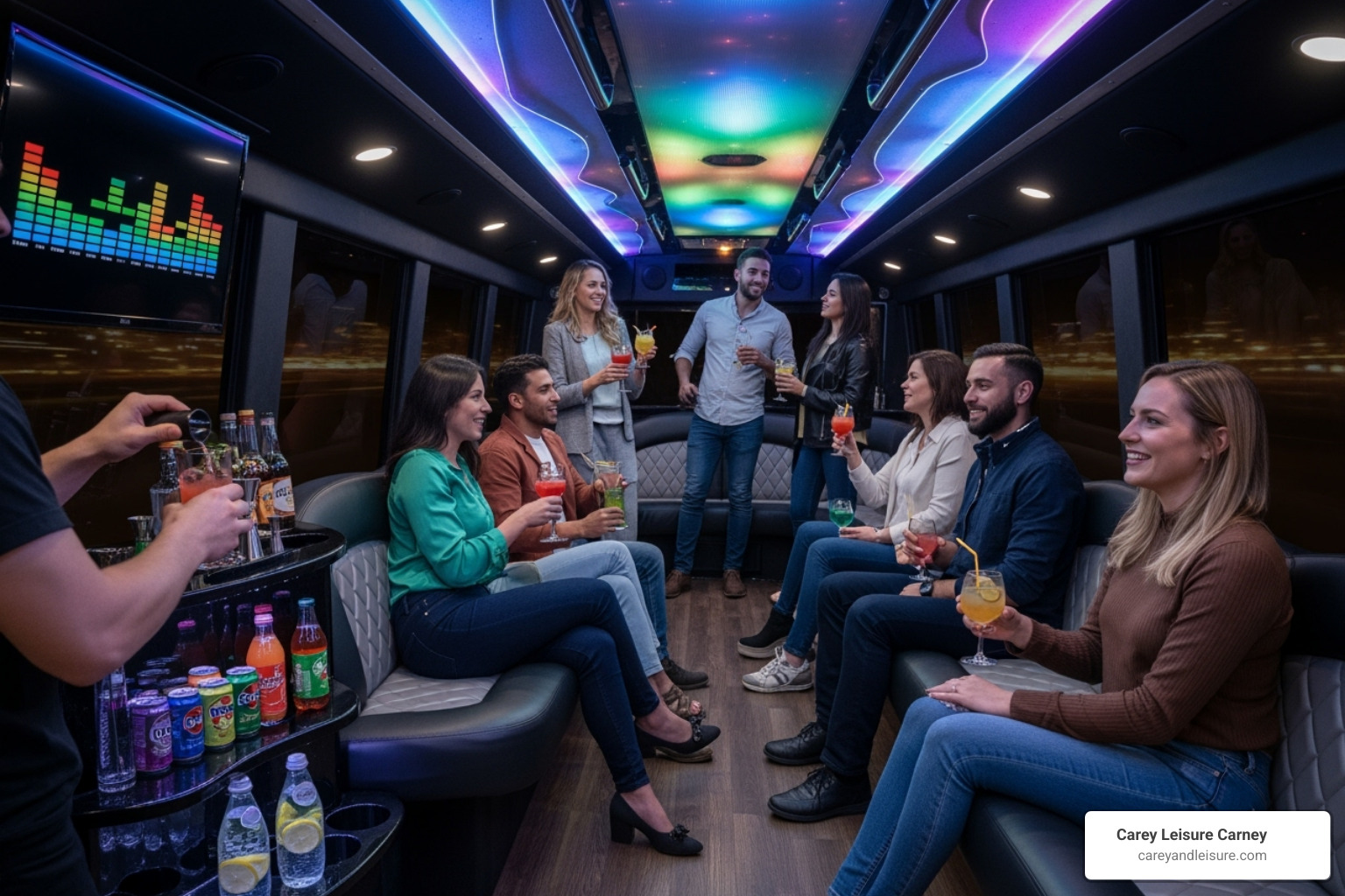 Interior of a party bus with people enjoying drinks - open container law las vegas