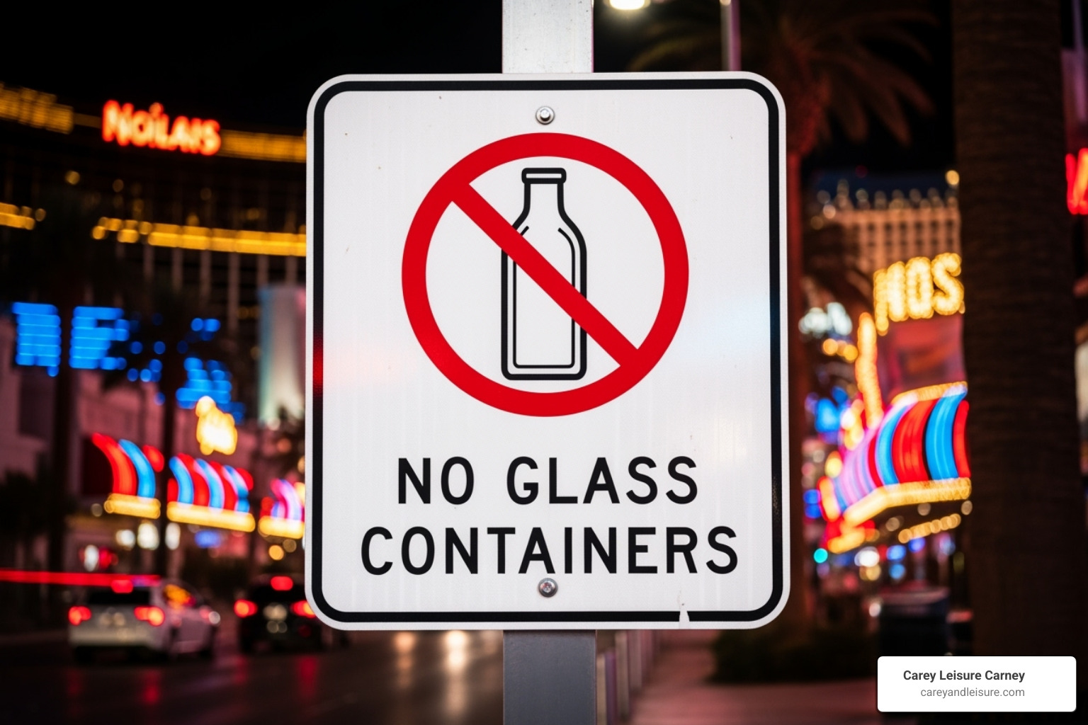 No Glass Bottles Allowed sign on the Las Vegas Strip - open container law las vegas