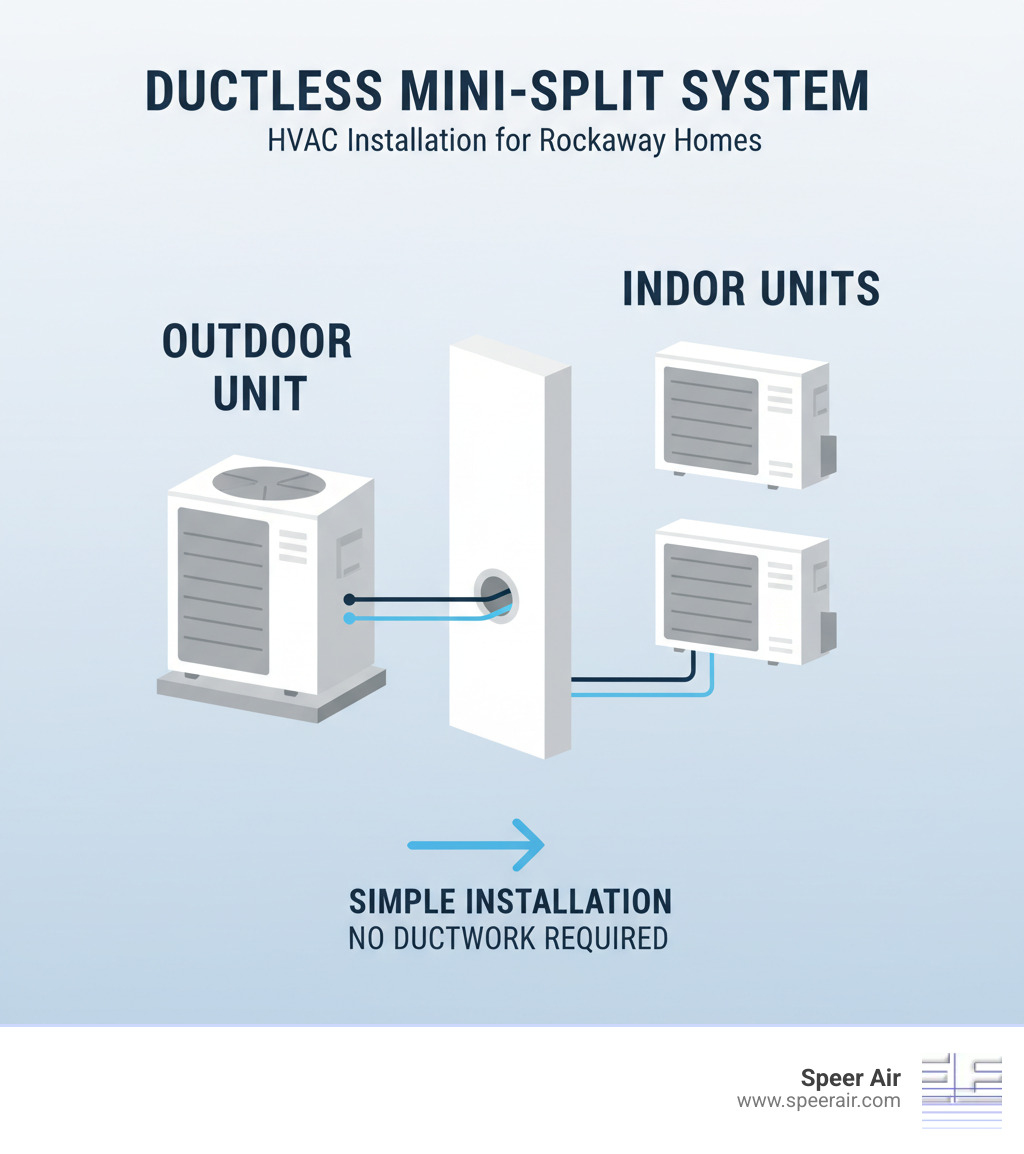 Infographic showing a ductless mini-split system with an outdoor compressor/condenser unit connected via refrigerant lines and electrical wiring through a small wall penetration to one or more indoor air handler units mounted on walls, demonstrating the simple installation process without ductwork - ductless hvac installation rockaway infographic 