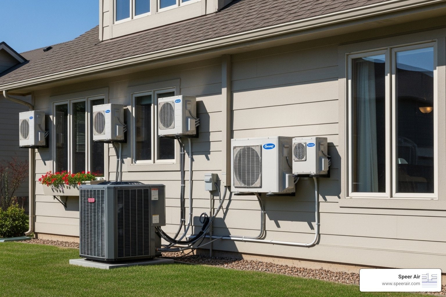 A home exterior showing a multi-zone ductless setup with one outdoor unit connected to multiple indoor units, illustrating flexibility and targeted comfort - ductless hvac installation rockaway