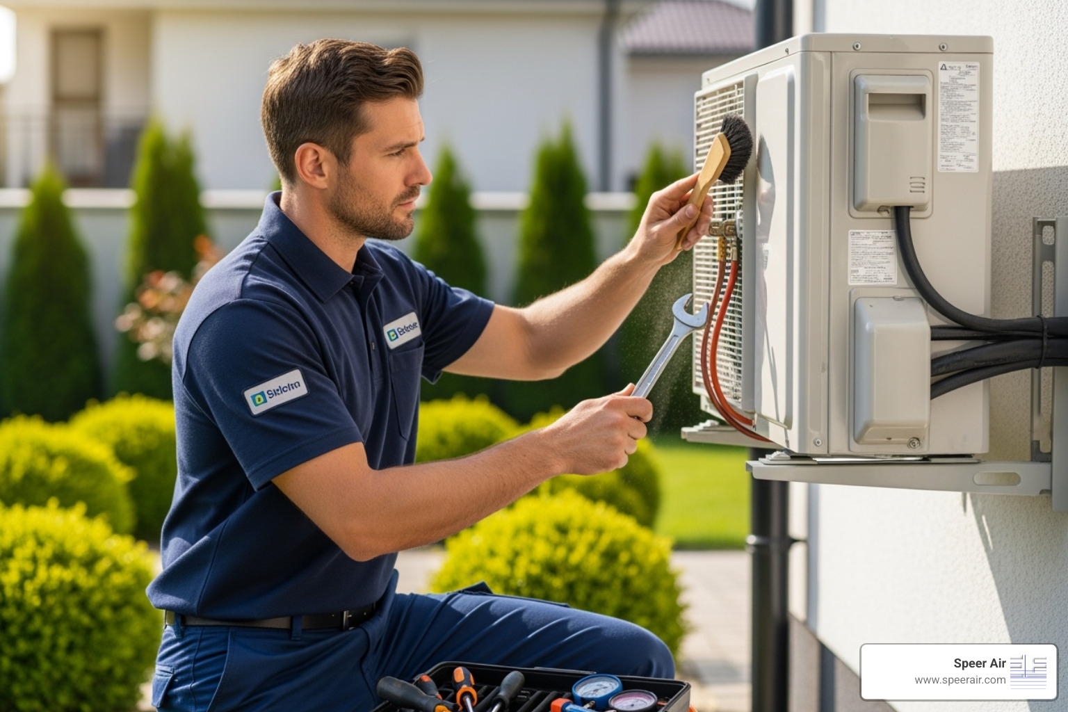 A NATE-certified technician performing maintenance on an outdoor ductless unit, checking connections and cleaning components - ductless hvac installation rockaway