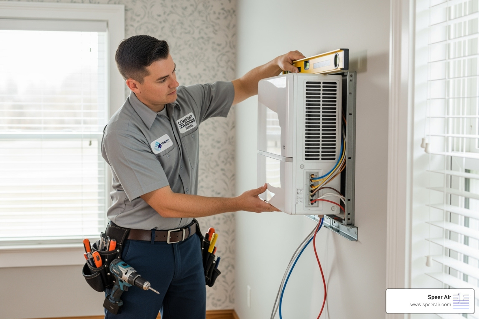 A certified technician carefully installing an indoor ductless unit on a wall, ensuring proper alignment and connection - ductless hvac installation rockaway